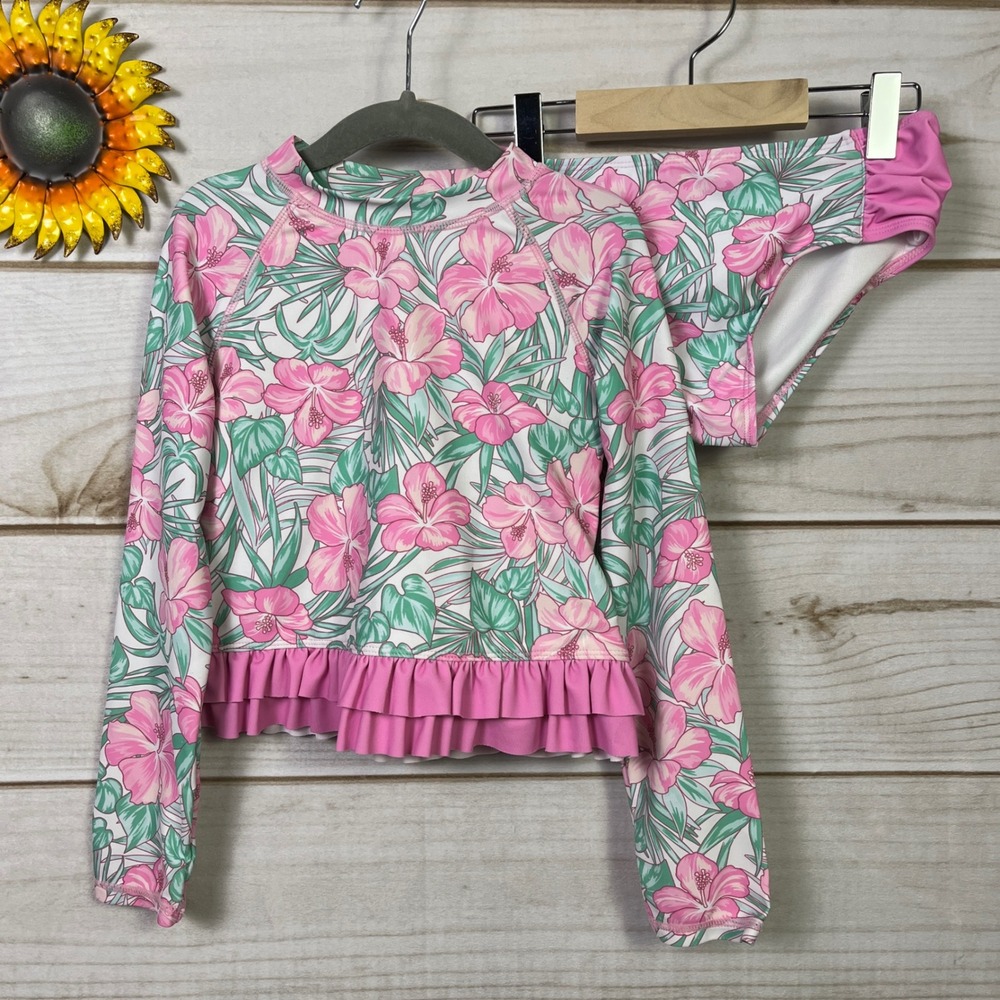 Tommy Bahama Girls Floral Rash Guard Swimsuit Set Pink Hibiscus‎ 6 Long Slv